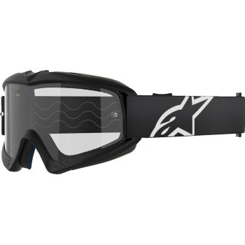 Alpinestars Youth Vision Goggle in black with clear lenses, designed for young riders, featuring a secure strap and durable frame.