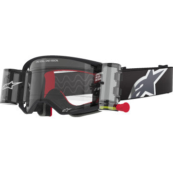 Alpinestars Supertech Roll-Off Goggle in black and gray with clear lenses, designed for high-performance motocross riding.