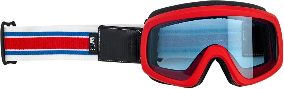 Bill's Exhausts BILTWELL Overland 2.0 Racer Goggles in red, white, and blue with clear lenses for motorcycle riding.