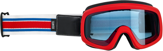 Bill's Exhausts BILTWELL Overland 2.0 Racer Goggles in red, white, and blue with clear lenses for motorcycle riding.