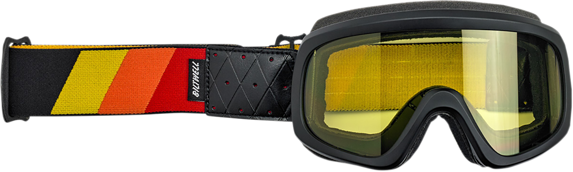 BILTWELL Overland 2.0 Goggles with tri-stripe design in orange, red, and yellow, featuring adjustable strap and clear lenses.