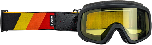 BILTWELL Overland 2.0 Goggles with tri-stripe design in orange, red, and yellow, featuring adjustable strap and clear lenses.