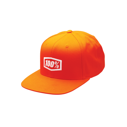 Orange 100% Icon Snapback Hat by Bill's Exhausts, one size fits all, adjustable with a flat brim and embroidered logo.