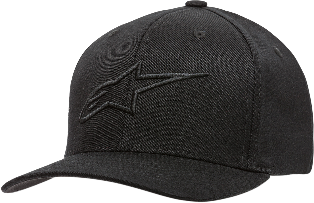 Alpinestars Ageless Curve Hat in black with small/medium size, featuring a curved brim and adjustable strap, displayed on a neutral background.