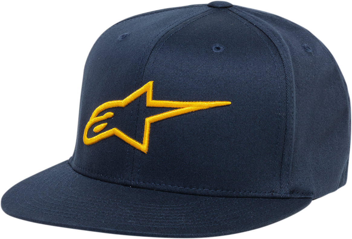 Alpinestars Ageless flat bill hat in navy and gold, small/medium size, featuring a classic design and embroidered logo.