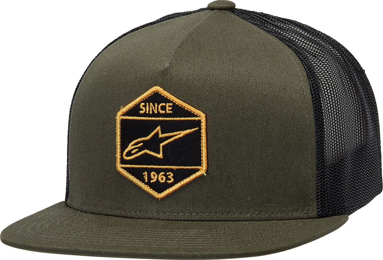 Alpinestars Bolt Trucker Hat in military black, featuring a curved brim and adjustable snapback, designed for casual wear.