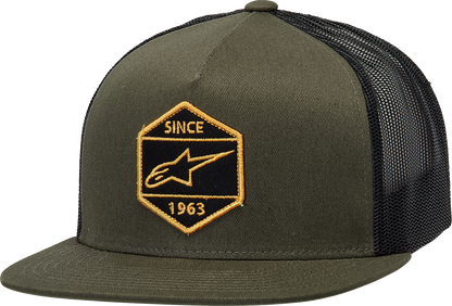 Alpinestars Bolt Trucker Hat in military black, featuring a curved brim and adjustable snapback, designed for casual wear.