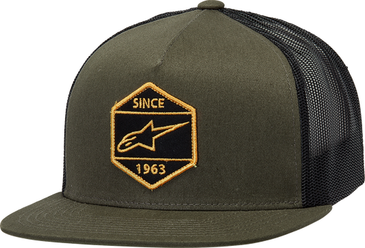 Alpinestars Bolt Trucker Hat in military black, featuring a curved brim and adjustable snapback, designed for casual wear.