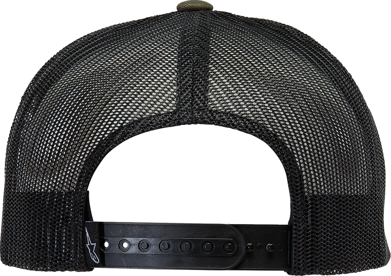 Alpinestars Bolt Trucker Hat in military black with adjustable one size fits all design, featuring the brand logo on the front.