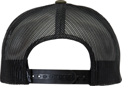 Alpinestars Bolt Trucker Hat in military black with adjustable one size fits all design, featuring the brand logo on the front.