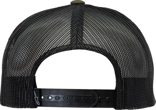 Alpinestars Bolt Trucker Hat in military black with adjustable one size fits all design, featuring the brand logo on the front.