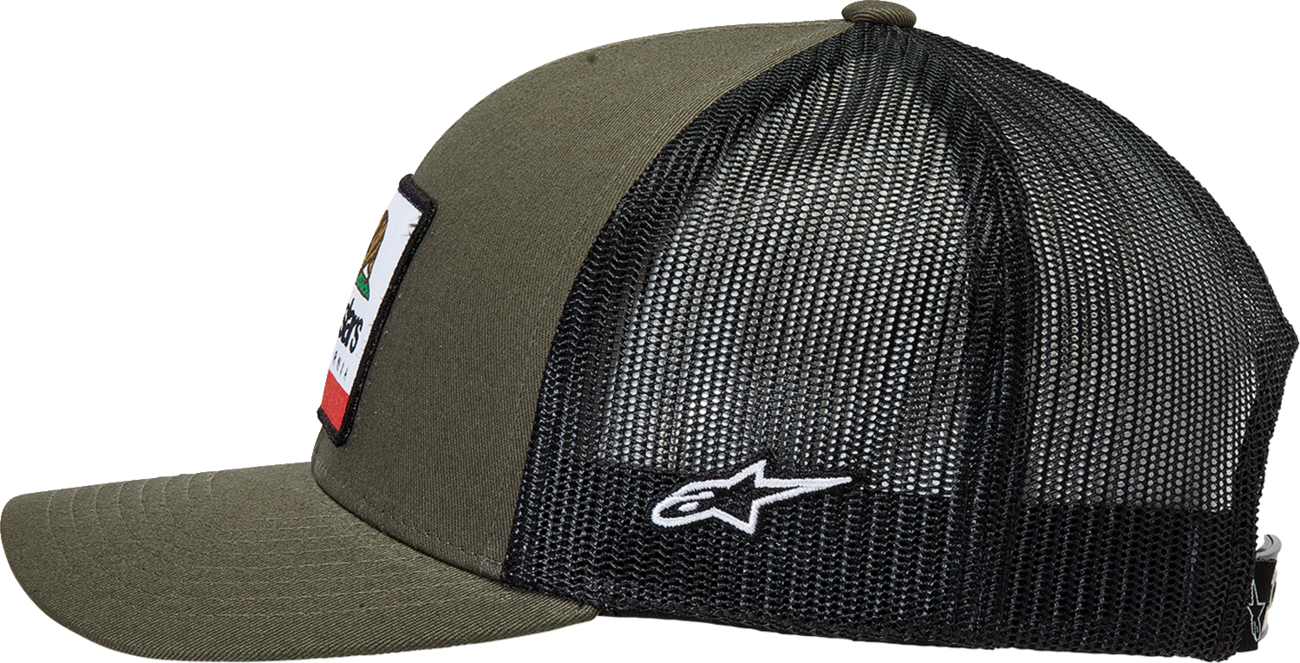 Alpinestars Cali 2.0 military black hat with adjustable strap, featuring the brand logo, made of durable fabric.