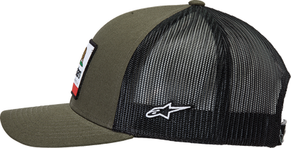 Alpinestars Cali 2.0 military black hat with adjustable strap, featuring the brand logo, made of durable fabric.