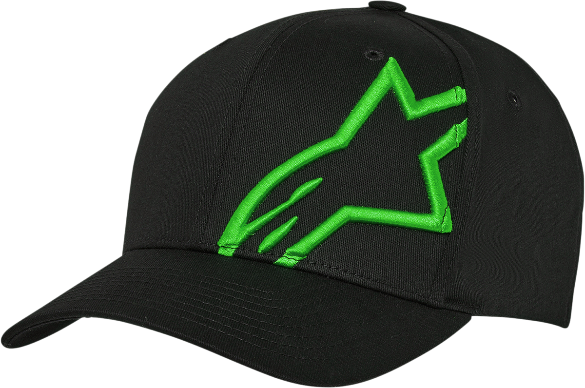 Alpinestars Corp Snap 2 Hat in black and green, one size, featuring adjustable snapback closure and brand logo.