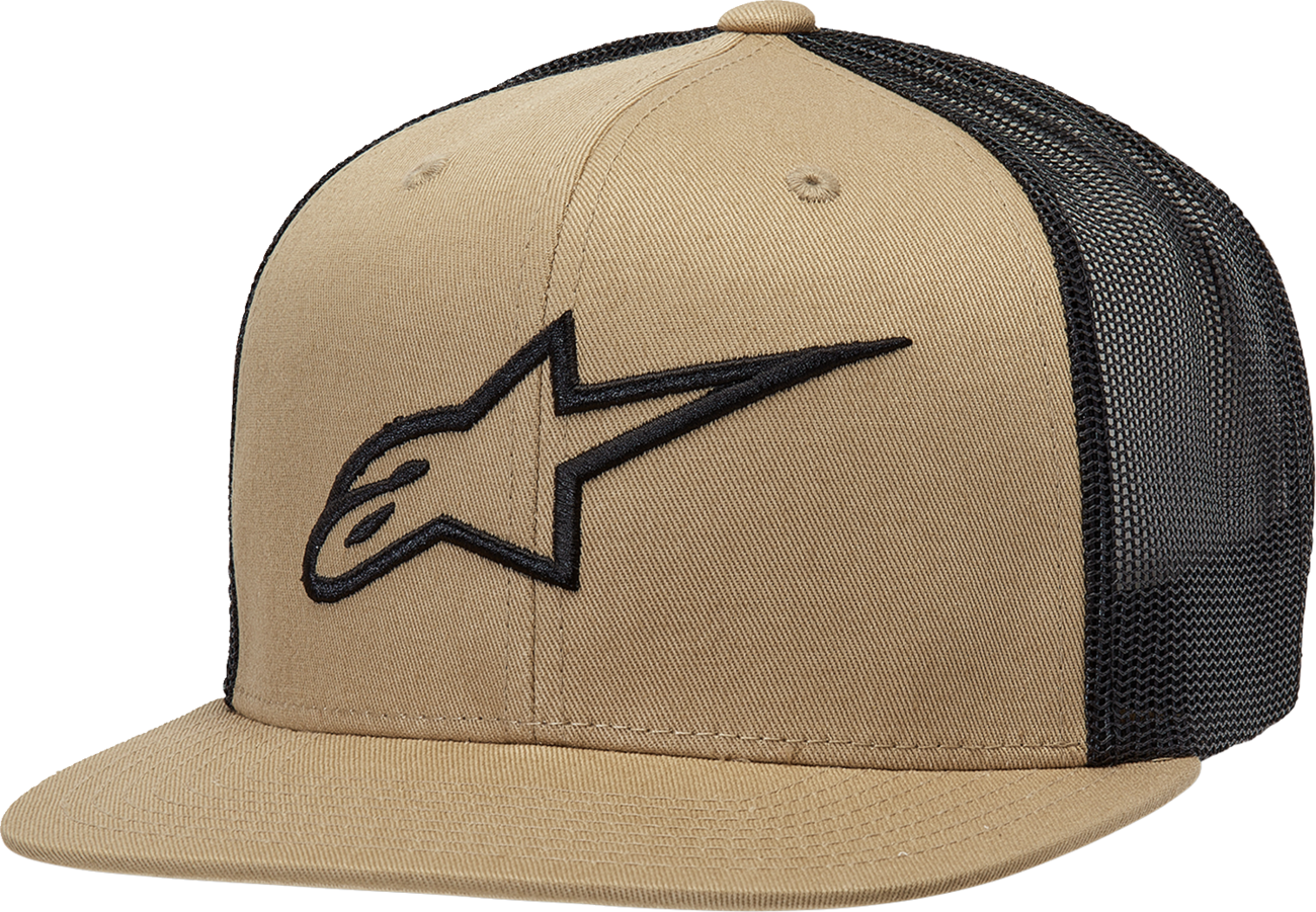 Alpinestars Corp Trucker Hat in sand and black with adjustable one size fits all, featuring embroidered logo and mesh back.