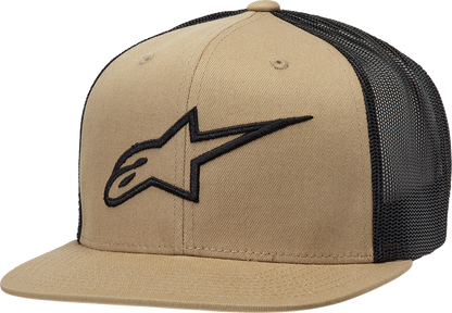 Alpinestars Corp Trucker Hat in sand and black with adjustable one size fits all, featuring embroidered logo and mesh back.