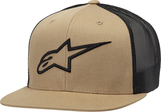 Alpinestars Corp Trucker Hat in sand and black with adjustable one size fits all, featuring embroidered logo and mesh back.