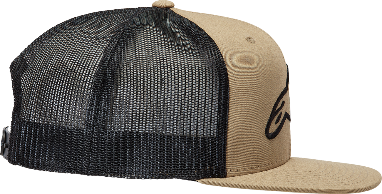 Alpinestars Corp Trucker Hat in sand and black with adjustable one size, featuring the Alpinestars logo on the front.