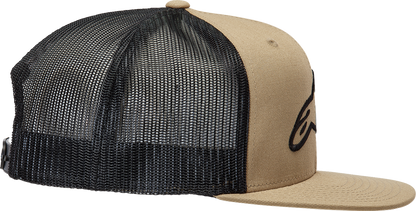 Alpinestars Corp Trucker Hat in sand and black with adjustable one size, featuring the Alpinestars logo on the front.
