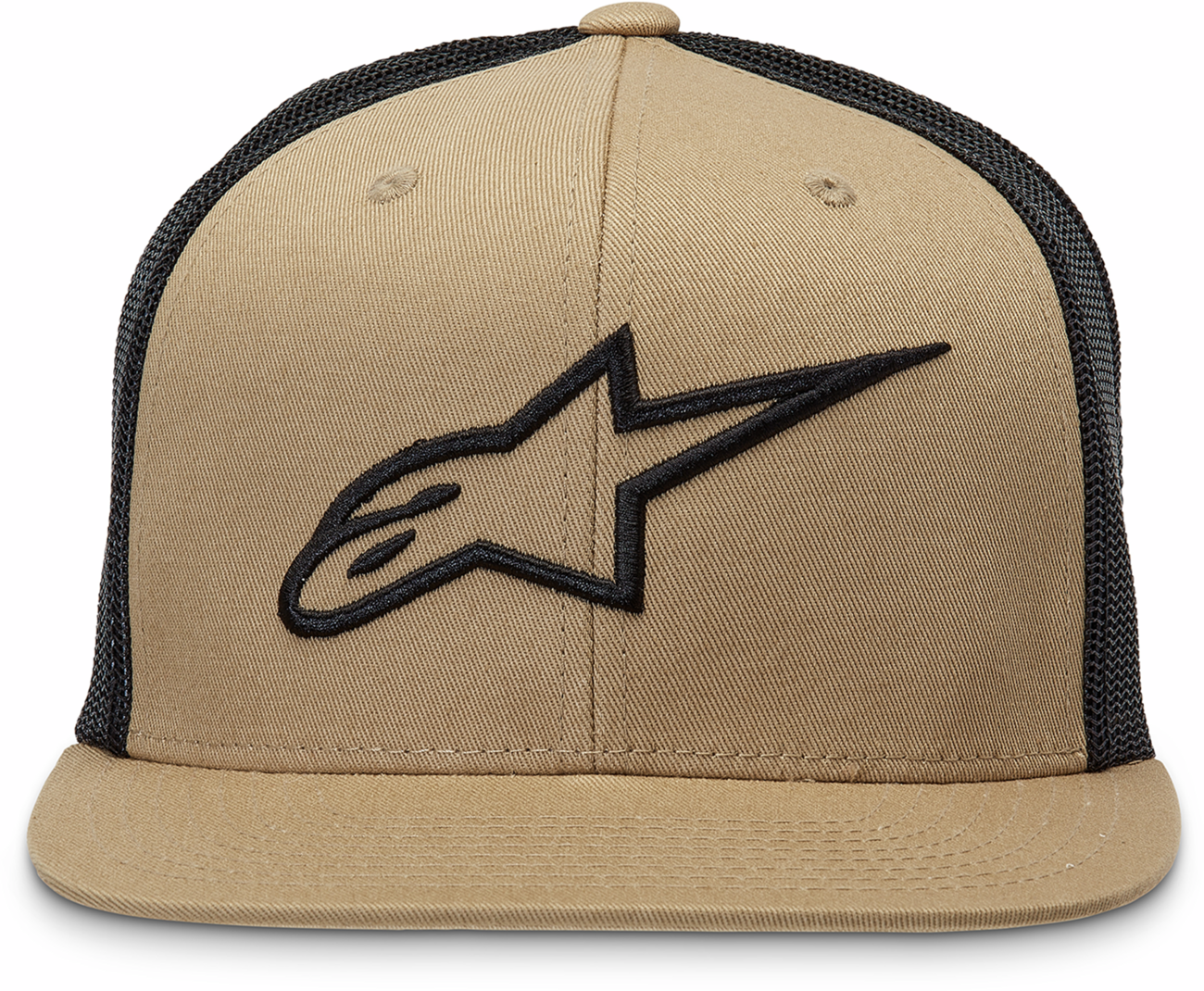 Alpinestars Corp trucker hat in sand and black with adjustable fit, featuring the Alpinestars logo on front, on a white background.