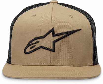 Alpinestars Corp trucker hat in sand and black with adjustable fit, featuring the Alpinestars logo on front, on a white background.