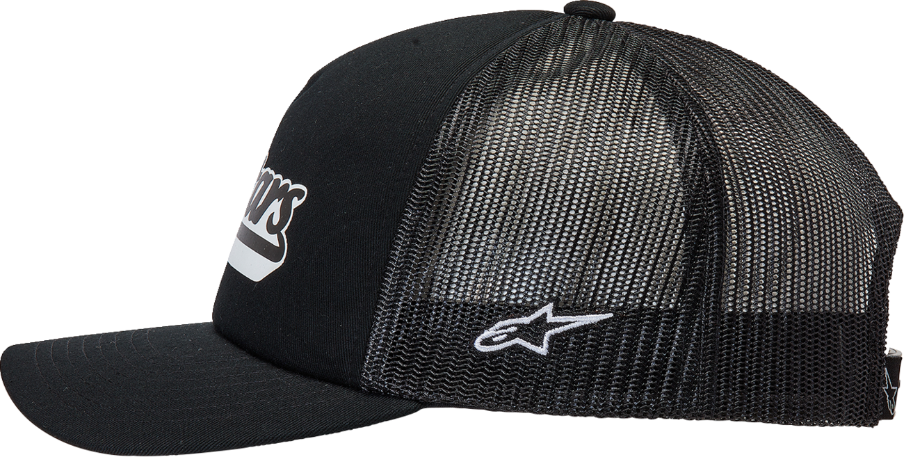 Alpinestars Delivery Trucker Hat in black and black, featuring a curved brim and adjustable snapback for a casual, sporty look.