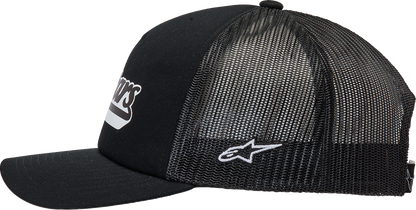 Alpinestars Delivery Trucker Hat in black and black, featuring a curved brim and adjustable snapback for a casual, sporty look.