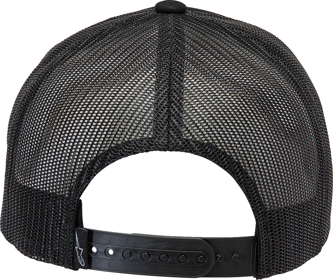 Alpinestars Delivery Trucker Hat in black and black with a curved brim and mesh back, one size fits all, casual style.