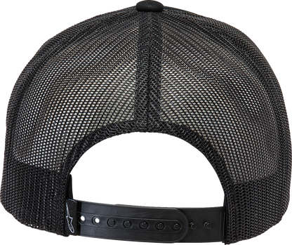 Alpinestars Delivery Trucker Hat in black and black with a curved brim and mesh back, one size fits all, casual style.