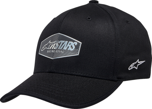 Black Alpinestars emblem hat in small/medium size, featuring a stylish design and adjustable fit.