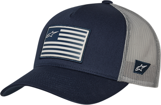 Alpinestars navy and gray flag snapback hat with adjustable fit, featuring embroidered logo on front, casual streetwear style.