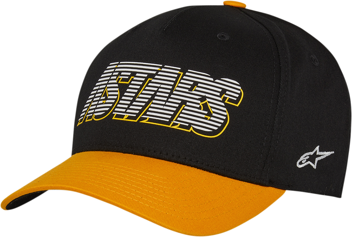 Black ALPINESTARS Lanes Hat in Small/Medium size with embroidered logo, featuring a curved brim and adjustable strap.