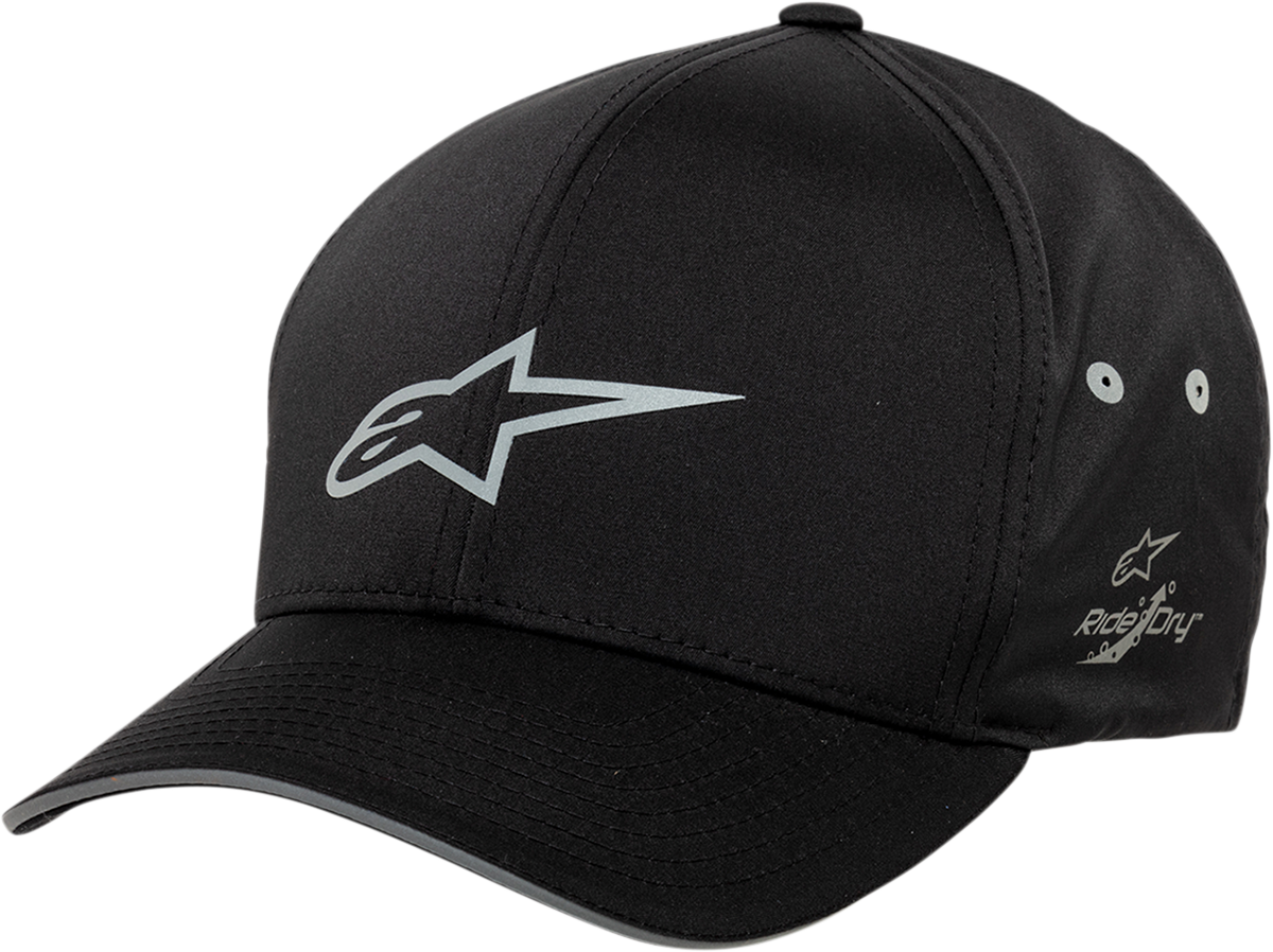 Black ALPINESTARS Reflex Tech Hat in Large/X-Large size, featuring a sleek design and breathable fabric for sporty style and comfort.