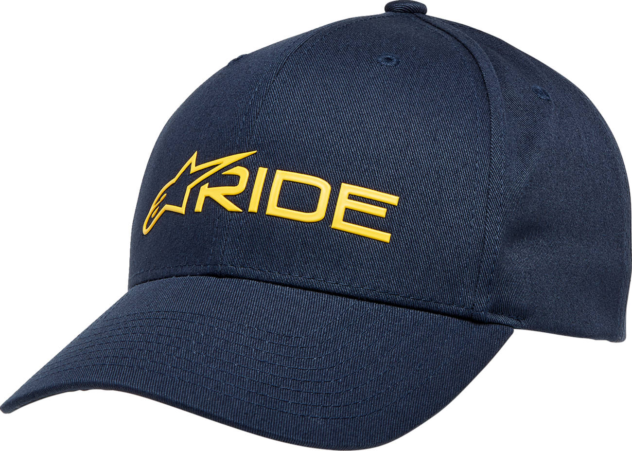 Alpinestars Ride 3.0 Navy and Gold hat with curved brim and adjustable strap, featuring Alpinestars logo, one size fits most.
