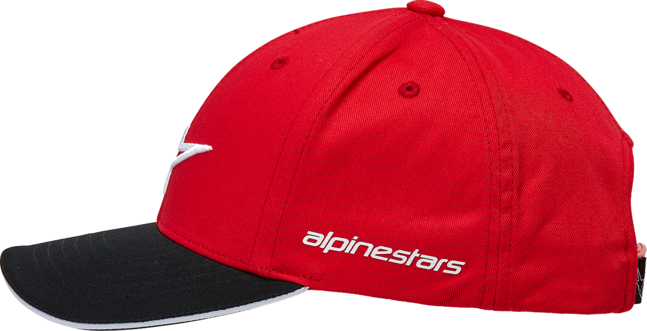 Alpinestars Rostrum Hat in red and black, one size, with branding details visible on a casual baseball cap.