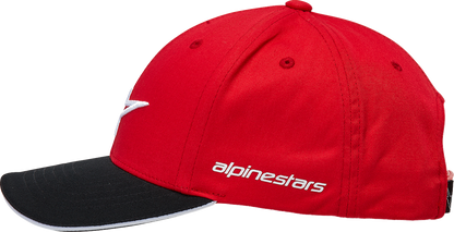 Alpinestars Rostrum Hat in red and black, one size, with branding details visible on a casual baseball cap.