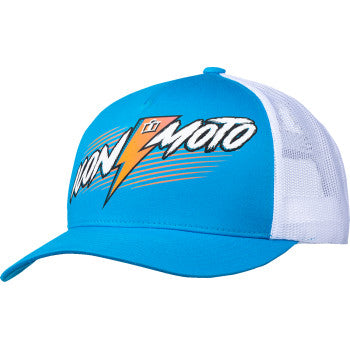 Blue ICON Rad Dawn™ Trucker Hat by Bill's Exhausts featuring mesh back and adjustable snap closure.