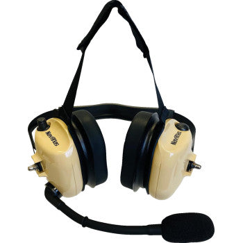 Bill's Exhausts NAVATLAS behind-the-head stereo and VOX headset in beige, featuring comfortable design and integrated microphone.