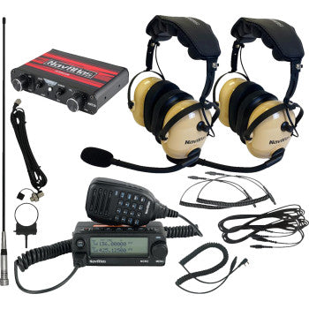 Beige NAVATLAS 2-seat intercom radio and headset kit by Bill's Exhausts, featuring adjustable headsets for communication.