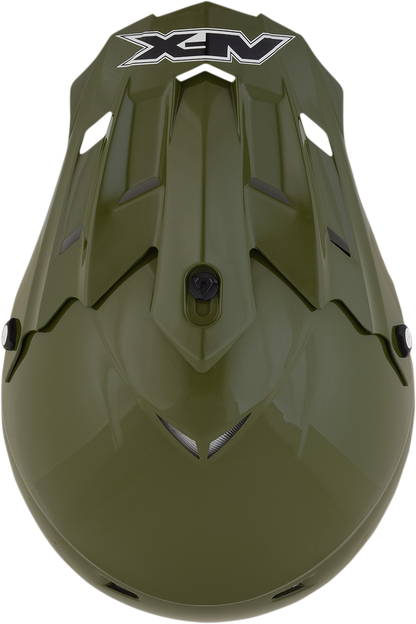 Bill's Exhausts AFX FX-17/FX-17Y Peak helmet in glossy olive color with black accents, featuring a sleek aerodynamic design.