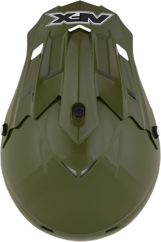 Bill's Exhausts AFX FX-17/FX-17Y Peak helmet in glossy olive color with black accents, featuring a sleek aerodynamic design.