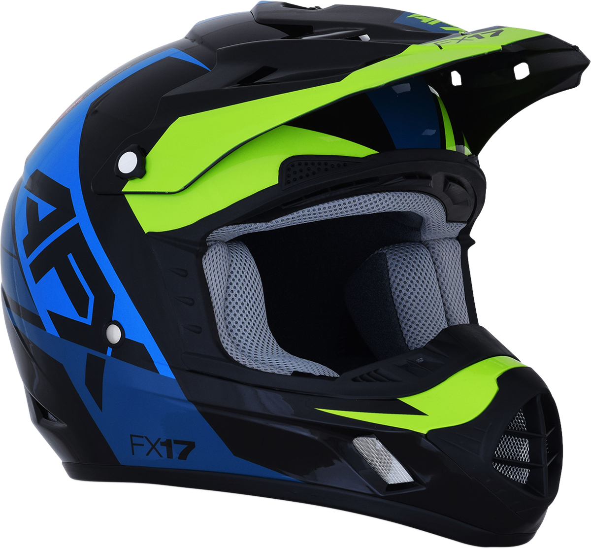 Blue and lime AFX FX-17 helmet in small size, designed for safety and style, featuring a bold graphic pattern.