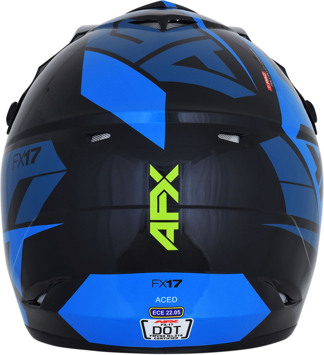Blue and lime AFX FX-17 helmet in small size with Aced design, featuring a sleek motorcycle helmet by Bill's Exhausts.