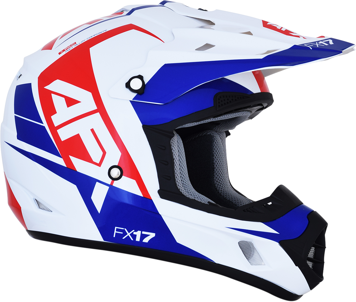 Red, white, and blue AFX FX-17 helmet in XL size with Aced design, featuring a sleek helmet shape and clear visor.