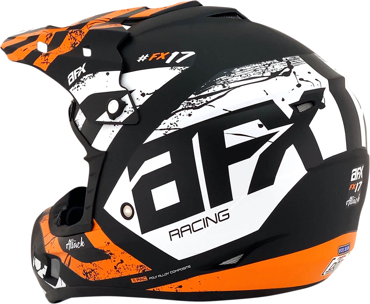 AFX FX-17 Attack helmet in matte black and orange, size XS, featuring a sleek helmet design with venting and bold graphics.