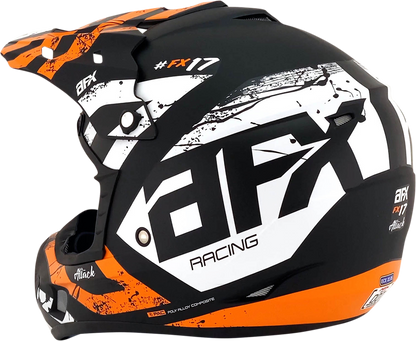 AFX FX-17 Attack helmet in matte black and orange, size XS, featuring a sleek helmet design with venting and bold graphics.