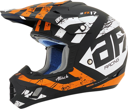 AFX FX-17 Attack helmet in matte black and orange, XS size, designed for motorcycle riders, featuring a sleek helmet with bold color accents.