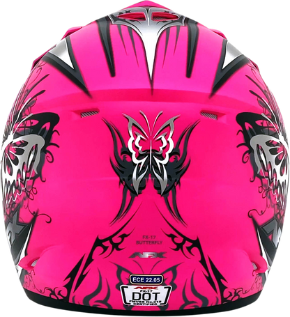 Large matte hot pink AFX FX-17 Butterfly helmet by Bill's Exhausts, featuring a sleek design and durable construction.