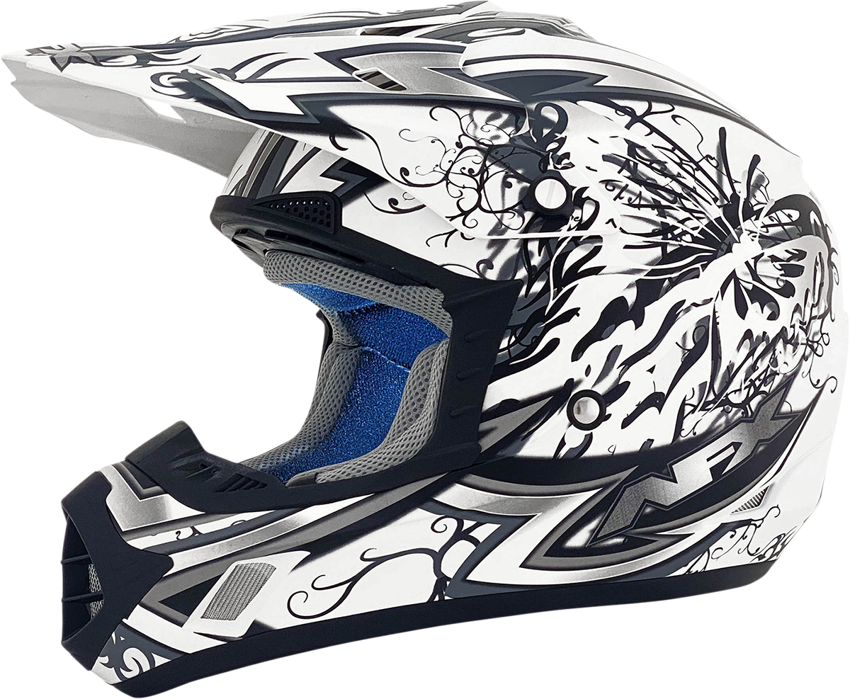 Matte white AFX FX-17 Butterfly helmet in medium size, designed for motorcycle riding, showcasing a sleek helmet with butterfly graphics.