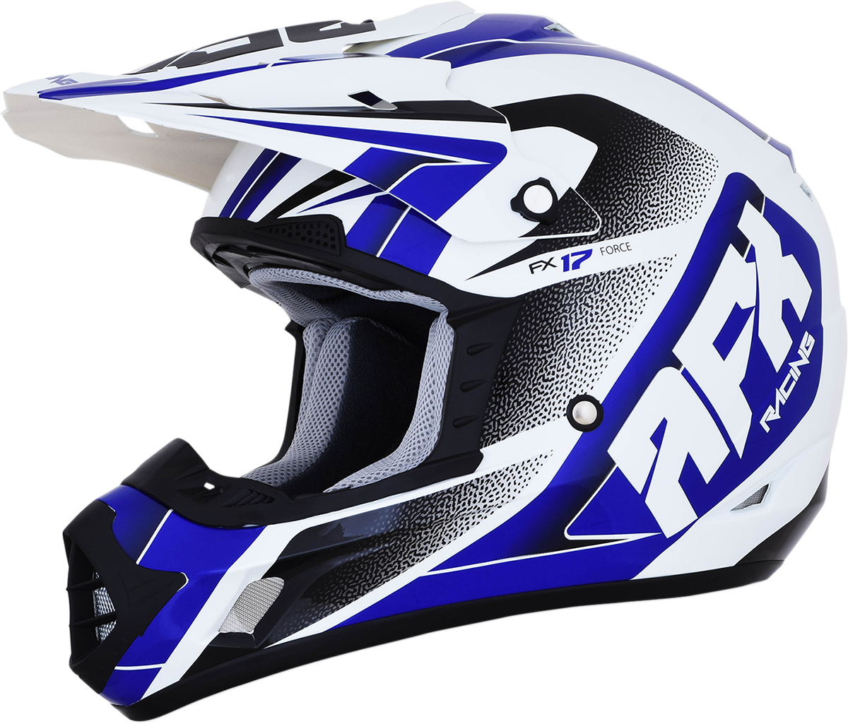 AFX FX-17 Helmet Force in pearl white and blue, medium size, featuring a sleek design and aerodynamic shape.